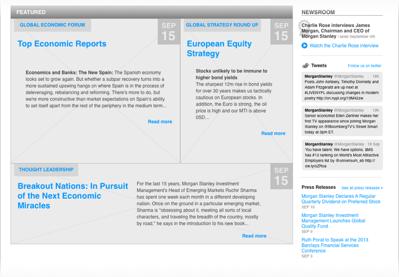 news section, first iteration in wireframes